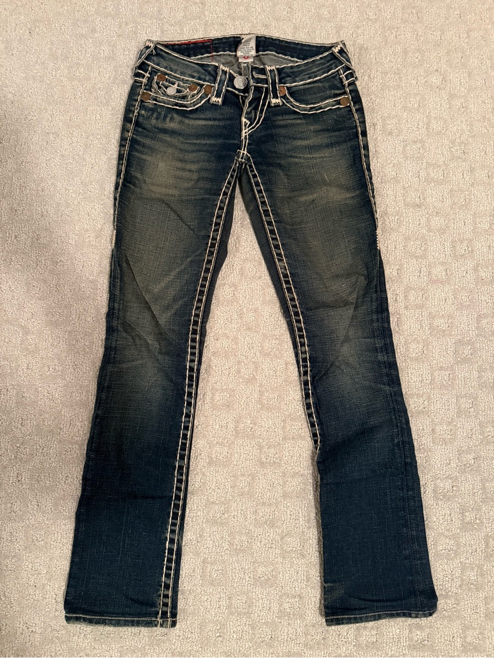 True Religion Women’s Dark Blue Denim Jeans with White Contrast Stitching 24